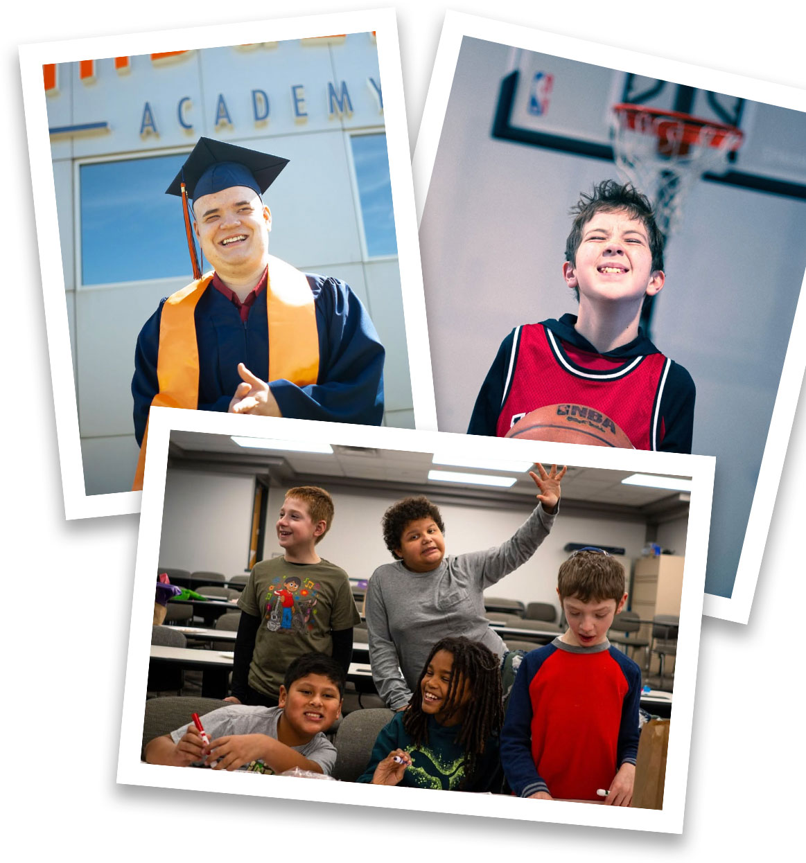 Three photographs, first is a student wearing graduation regalia, next is a student smiling holding a basketball, and third is a group of students in a classroom.