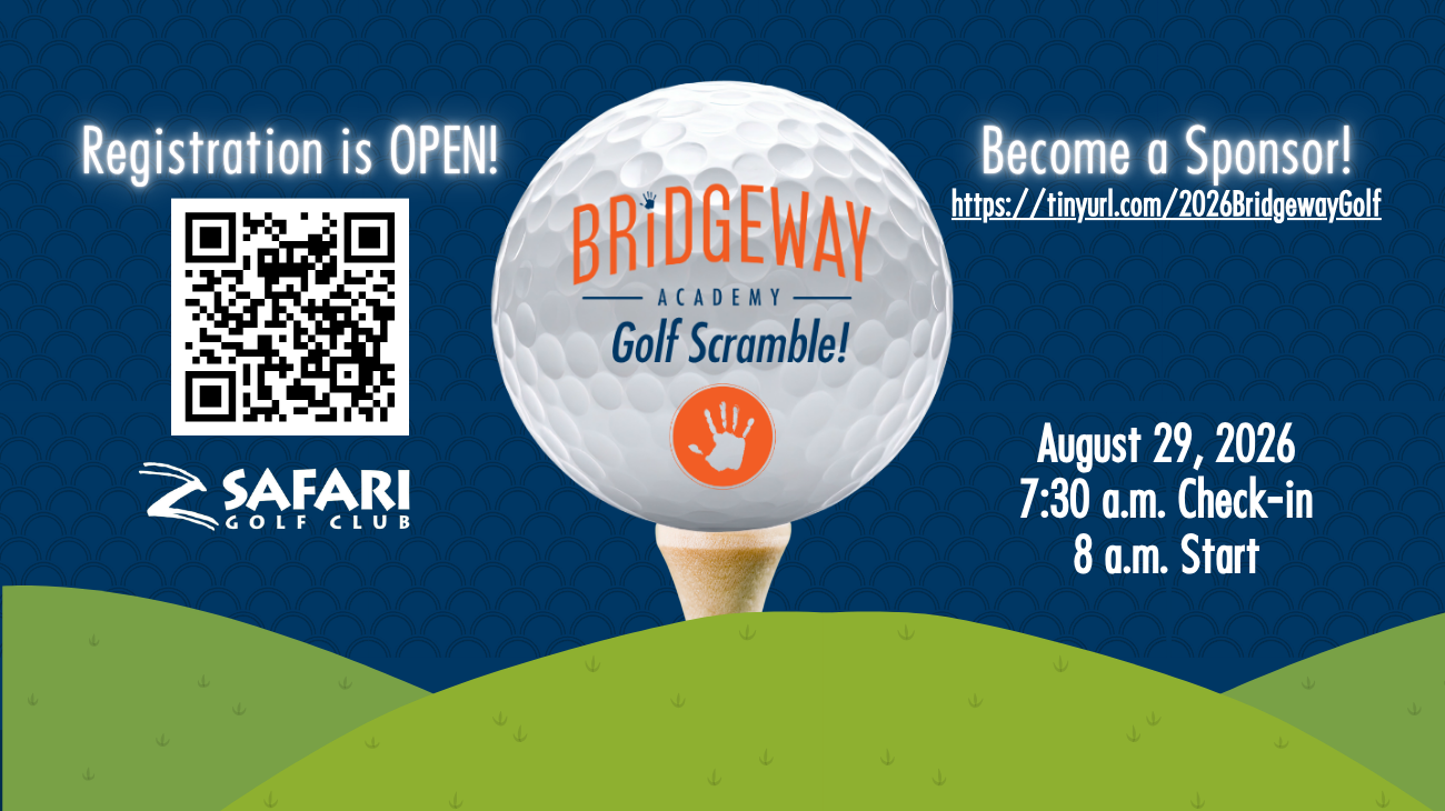Registration for Bridgeway Academy Golf Scramble, including an image of a golf ball, QR code and date of the event.